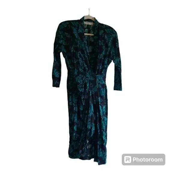 80s Ann Tjan Kenar 2 Floral Faux Wrap Vintage Secretarys Dress - Picture 1 of 5